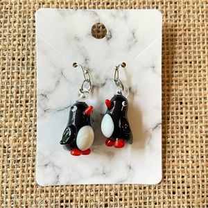 Glass penguin pierced earrings on silvertone wires in black white and red